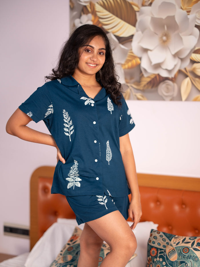 Teal Blue Print Shorts Set