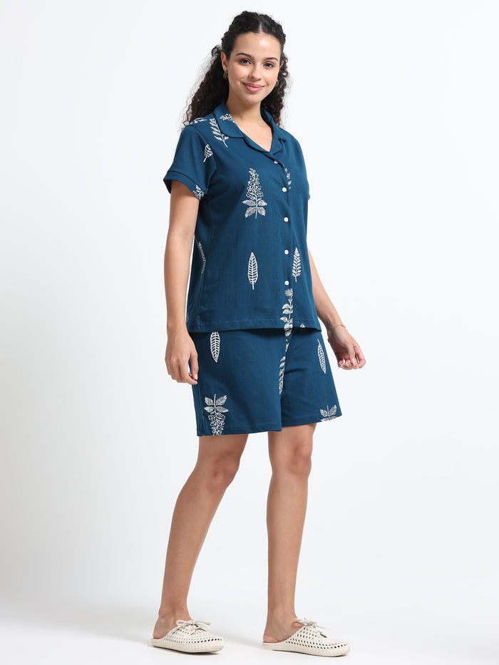 Teal Blue Print Shorts Set