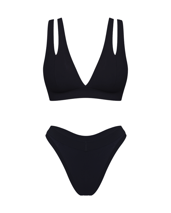 A two-piece black underwear set featuring a plunge top with double shoulder straps and matching thong, displayed on a solid white background.