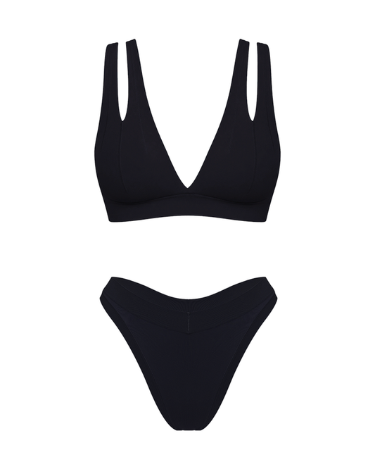 A two-piece black underwear set featuring a plunge top with double shoulder straps and matching thong, displayed on a solid white background.