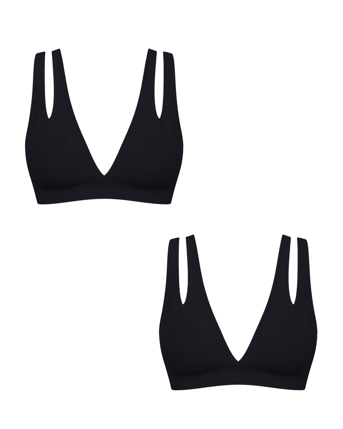Two black wireless triangle bralettes with double shoulder straps, shown on a plain white background.