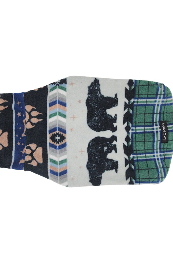 Backside view of a charming dog sweater featuring bear, bear paw prints along with a green plaid backdrop and accents.