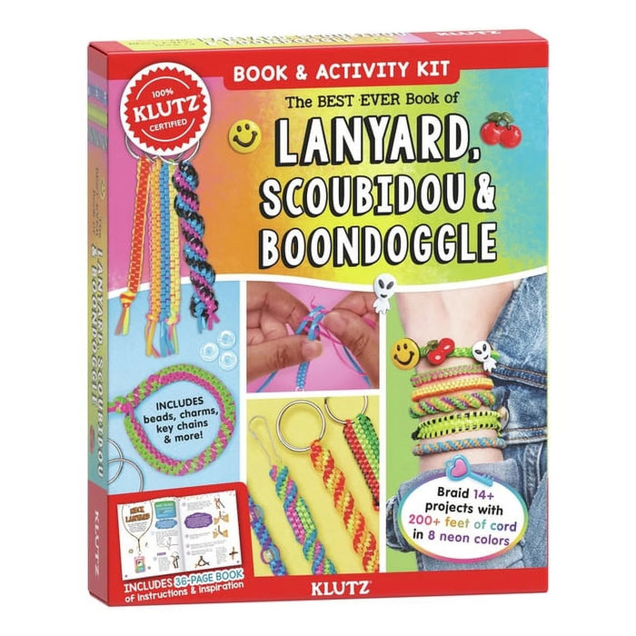 Klutz lanyard, scoubidou, and boondoggle activity kit packaging on a white background