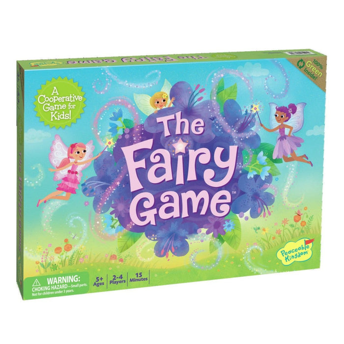 Board game box titled 'The Fairy Game' with fairies and colorful design on a white background