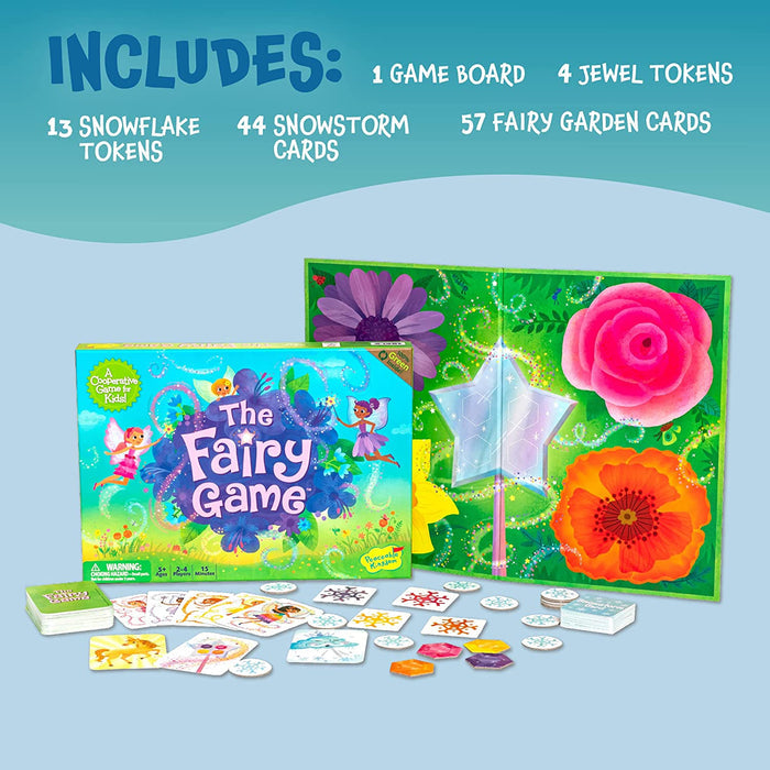 What's included in The Fairy Game listed on a colorful blue background.