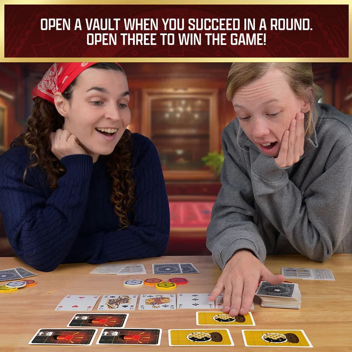 Two people playing a card game with text about opening vaults to win.