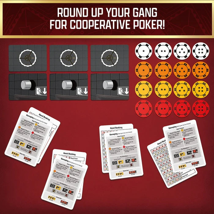 Cooperative poker game components including cards, chips, and game pieces on a red background.