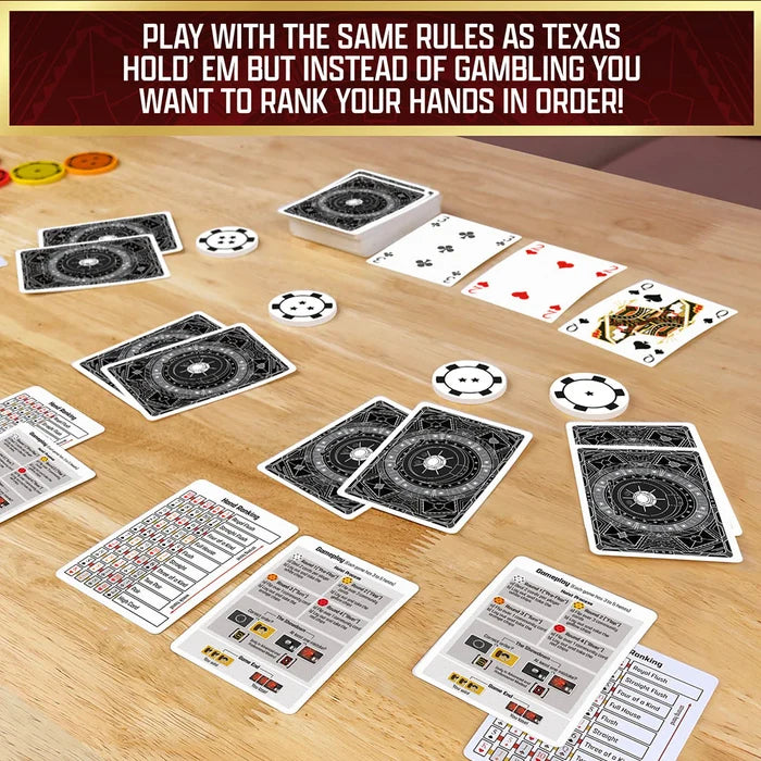 Card game setup on a wooden table with text about ranking hands.