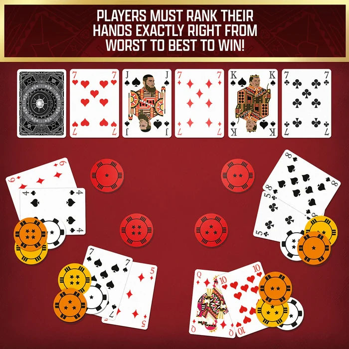 Playing cards and poker chips on a red background with text about ranking hands.