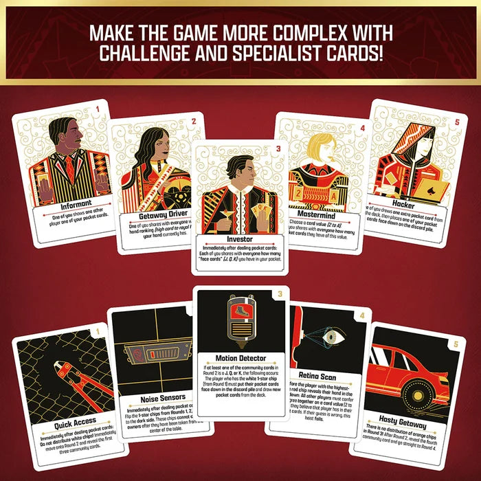 Card game components with character cards and action cards on a red background