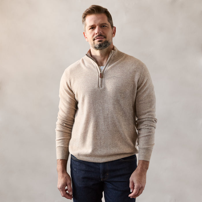 The Hudson 1/4 Zip in 100% Cashmere - Oatmeal