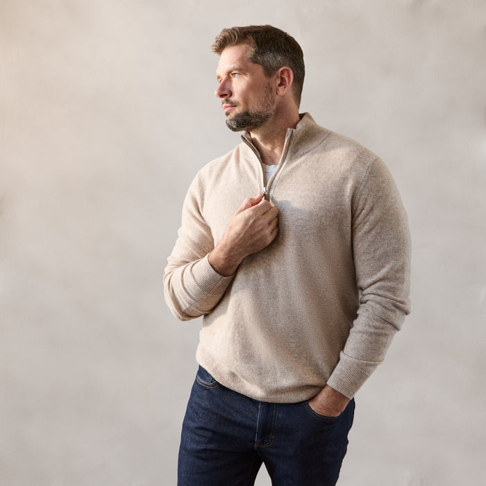 The Hudson 1/4 Zip in 100% Cashmere - Oatmeal