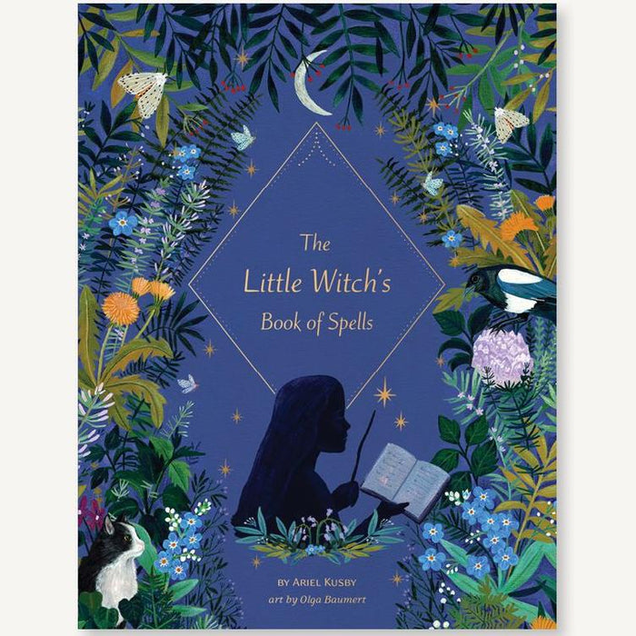 Book cover of 'The Little Witch's Book of Spells' with a silhouette of a witch, flowers, and leaves on a blue background.