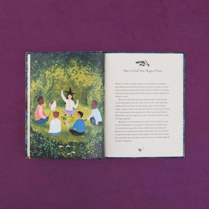 Sample pages of The Little Witch's Book of Spells on a purple background