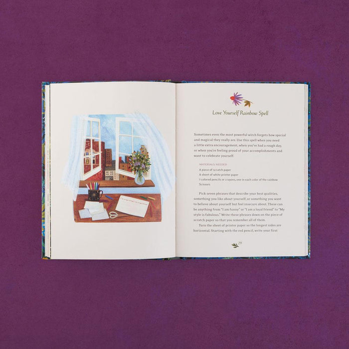 More sample pages of The Little Witch's Book of Spells on a purple background