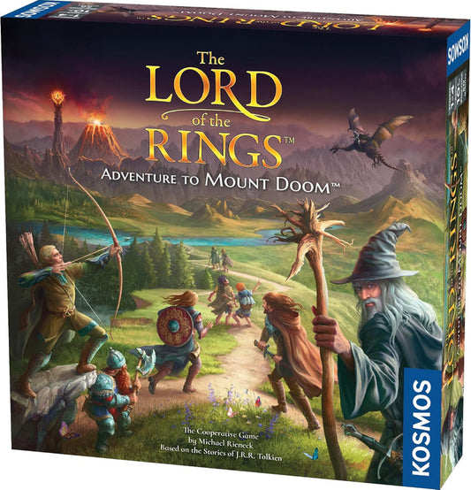 Board game box for 'The Lord of the Rings: Adventure to Mount Doom' by Kosmos with characters and landscape illustration.