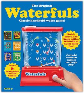 Waterfuls classic handheld water game packaging with a hand holding the device.
