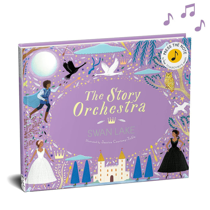 Children's book titled 'The Story Orchestra Swan Lake' with musical notes above