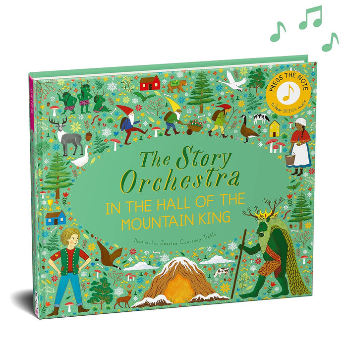 Illustrated book cover of 'The Story Orchestra in the Hall of the Mountain King' with colorful characters and nature elements.