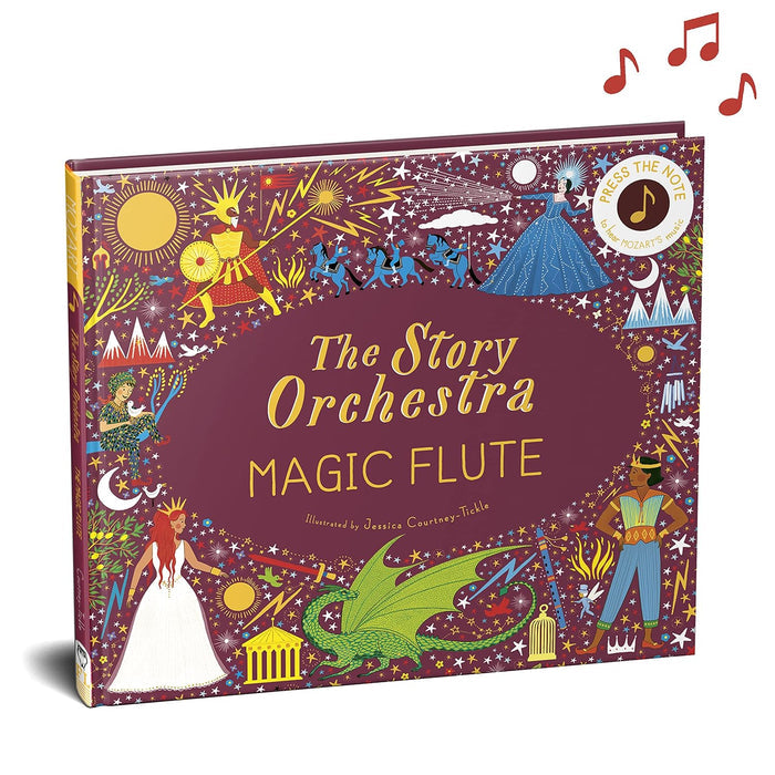 Children's book titled 'The Story Orchestra Magic Flute' with musical notes above.