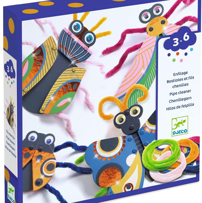 Box of colorful pipe cleaner animals with a blue border and polka dots.