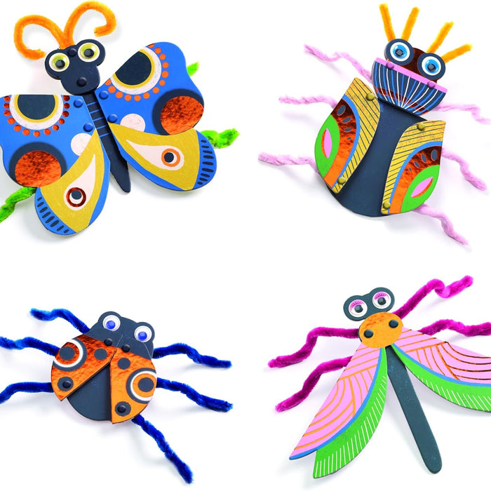 Four colorful insect toys on a white background