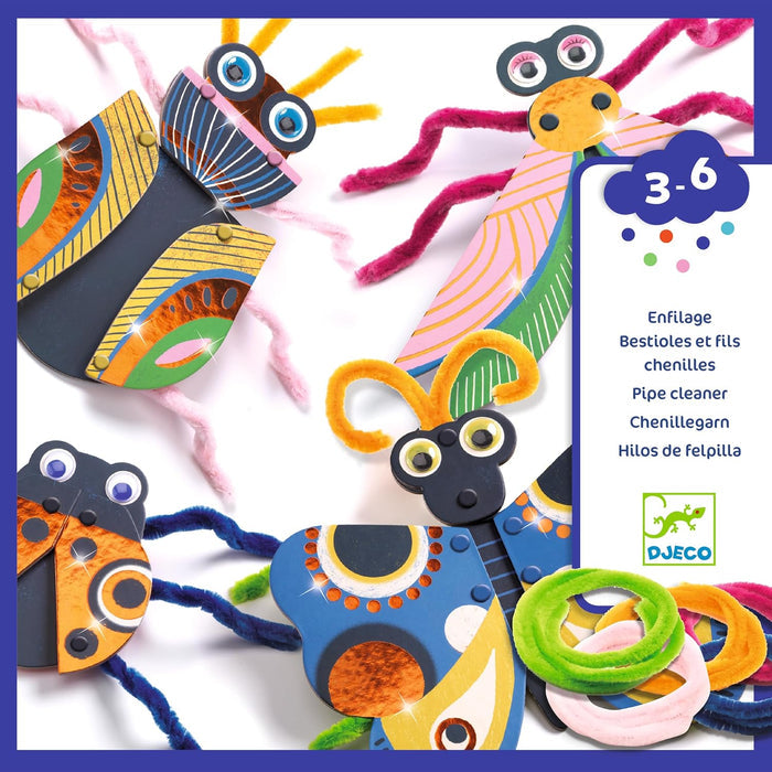 Colorful pipe cleaner set with animal shapes and packaging labeled 3-6, featuring the Djeco brand.