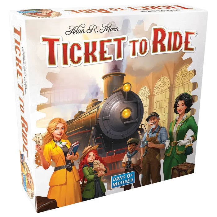 Board game box for 'Ticket to Ride' with characters and train illustration.