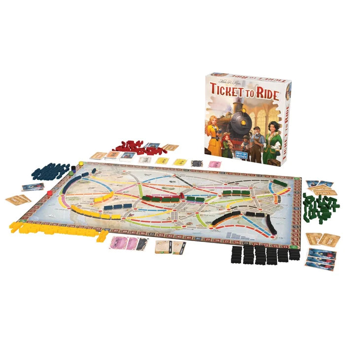 Board game set with 'Ticket to Ride' board, pieces, and box on a white background