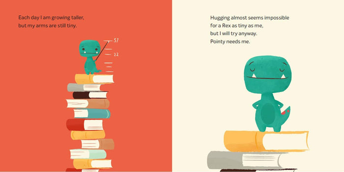 Sample pages from  'Tiny T. Rex and the Impossible Hug' with a dinosaur illustration.