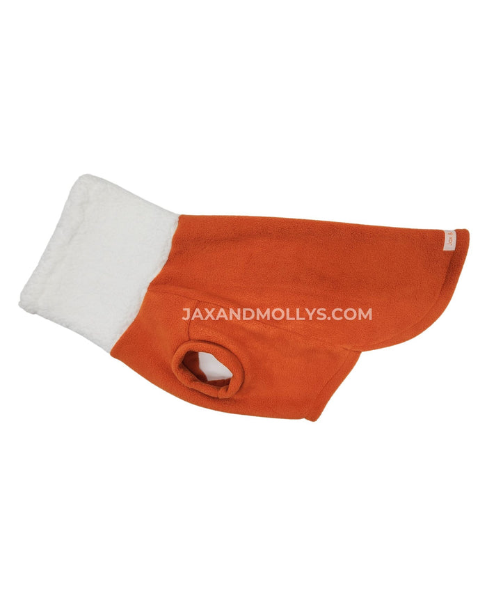 Orange fleece dog sweater with sherpa turtleneck, flat side view