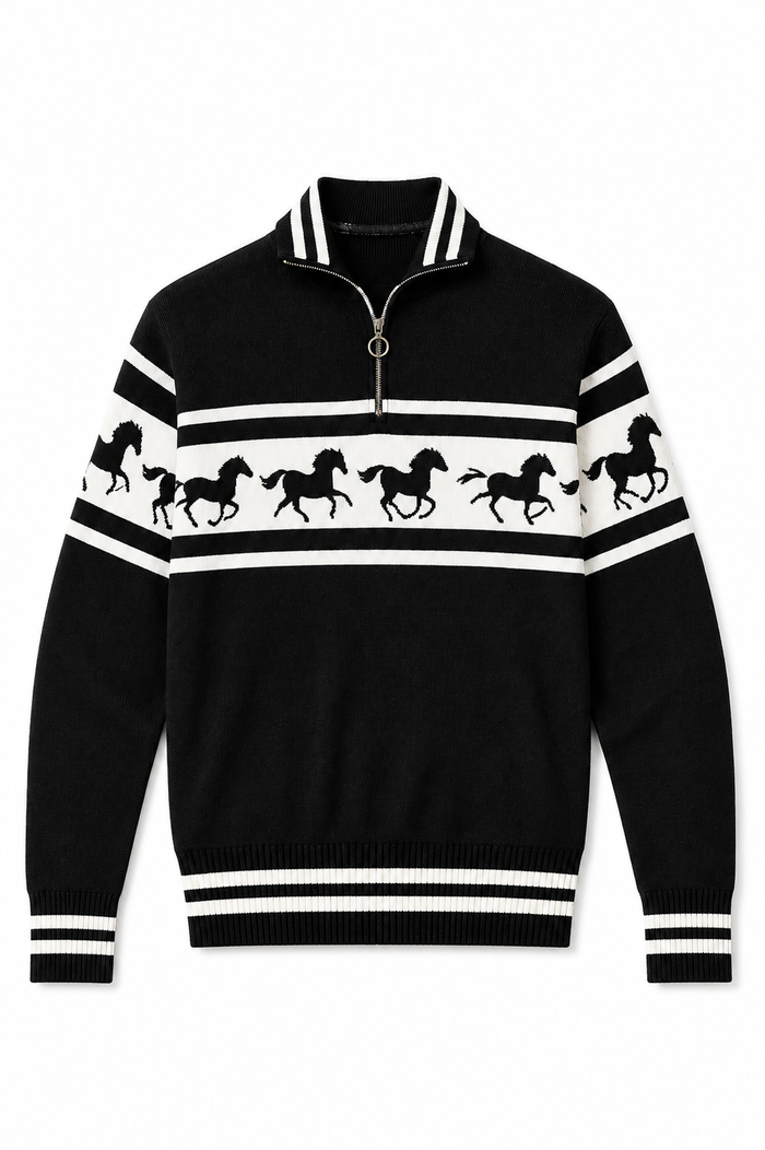 top l/s knit horse stripe quarter zip sweater - black