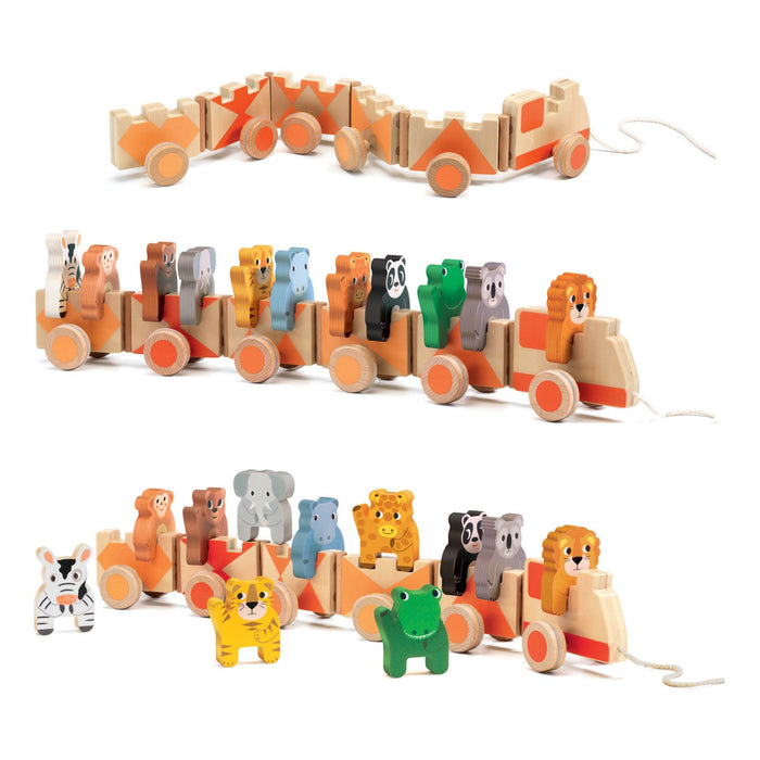 Wooden toy train with safari animal figures on a white background