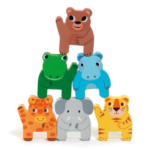 A set of colorful wooden animal figurines including representations of a bear, hippopotamus, giraffe, monkey, lion, and zebra, alongside a wooden train with carriages.