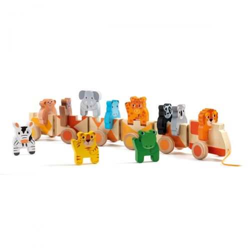 Wooden toy train with safari animal figures on a white background