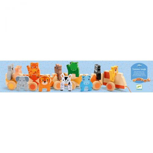 Packaging for Wooden toy train with safari animal figures on a white background
