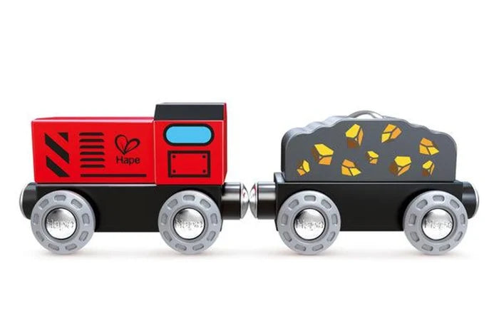 A wooden toy train set featuring a red and black locomotive with a blue window and 'Hope' logo, coupled to a dark gray coal car decorated with yellow gold nuggets, on a white background.