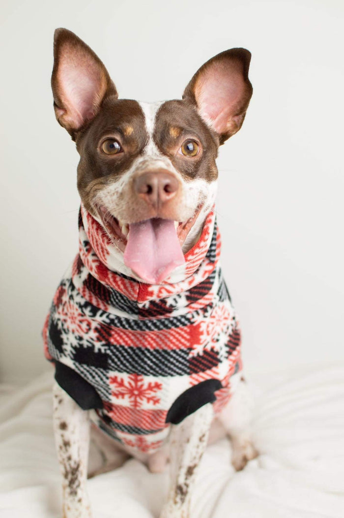 Red & Black Snowflake Plaid Fleece Dog Sweater on dog sitting on bed