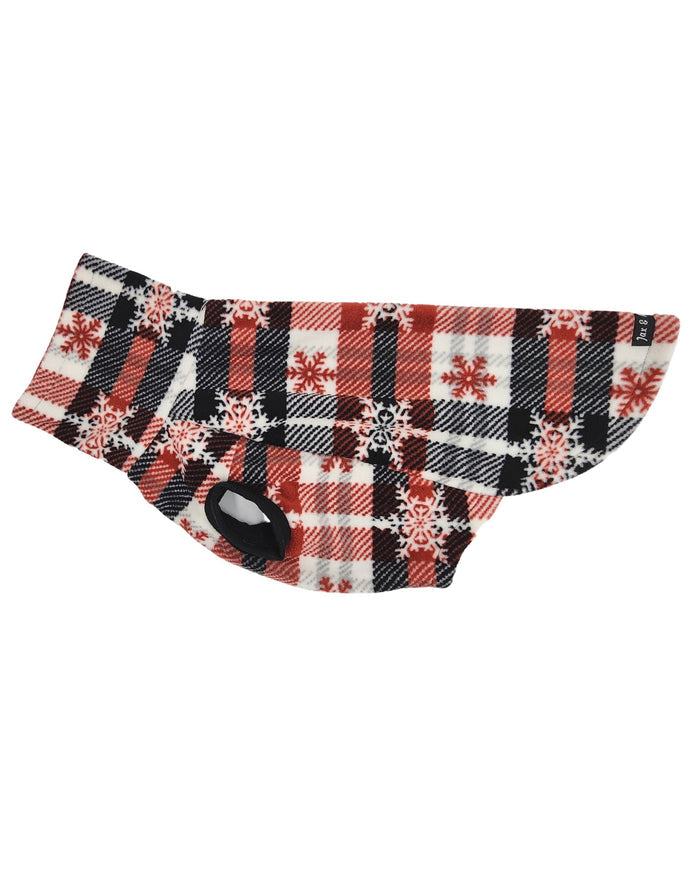 Red & black snowflake plaid fleece dog sweater side view