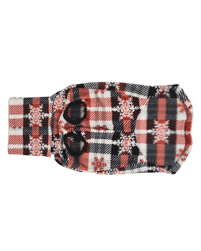 Red & black snowflake plaid fleece dog sweater underbelly view