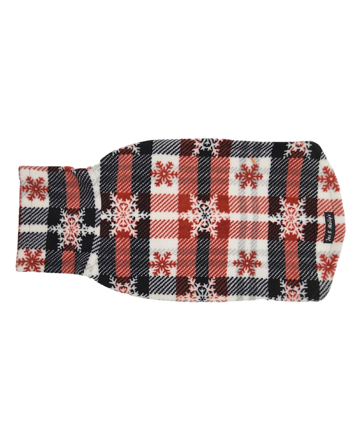 Red & black snowflake plaid fleece dog sweater top view