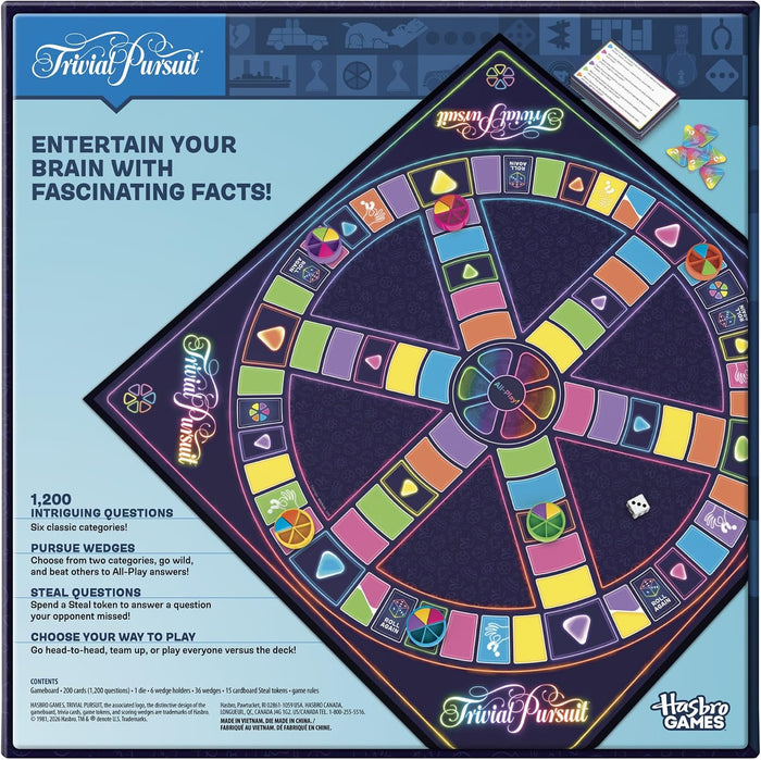Trivia Pursuit board game box by Hasbro Games, featuring a colorful circular game board with multiple categories and trivia questions on a blue background.