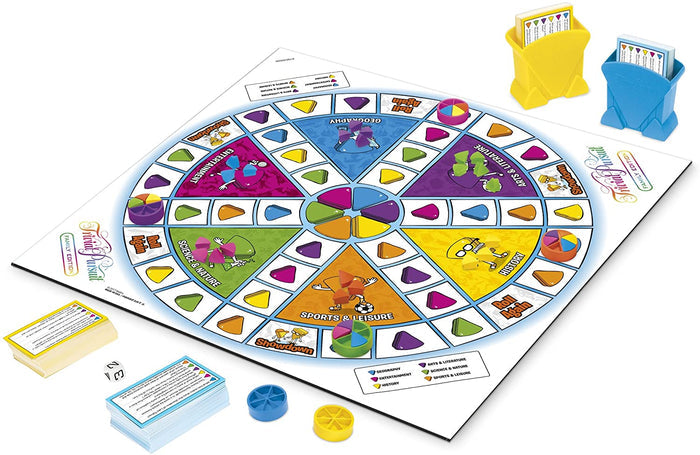 Trivial Pursuit Family Edition colorful game board with game pieces on a white background