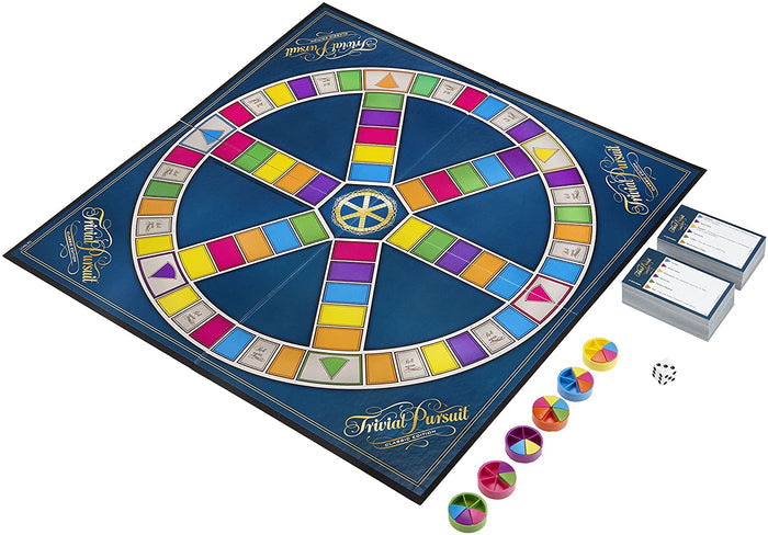 Trivial Pursuit Classic edition colorful game board, game pieces and trivia cards on a white background