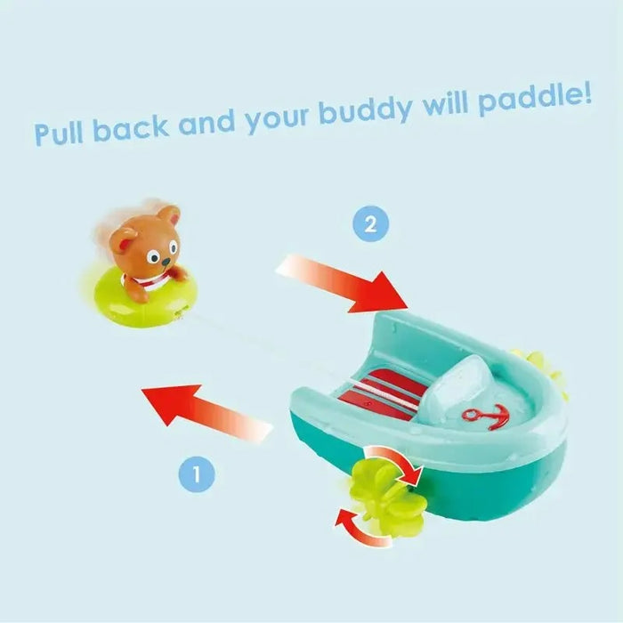 Tubing pull back boat and bear on a light blue background with text "Pull back and your buddy will paddle!"