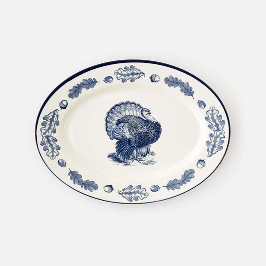 Turkey "Enamel" Oval Platter featuring a detailed turkey design with oak leaves on a classic blue-and-white background.