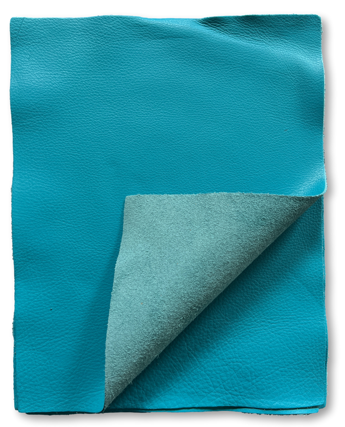 Close-up of Turquoise Cowhide Leather Sheets, 8.5 × 11 in showing grain, texture, and finish