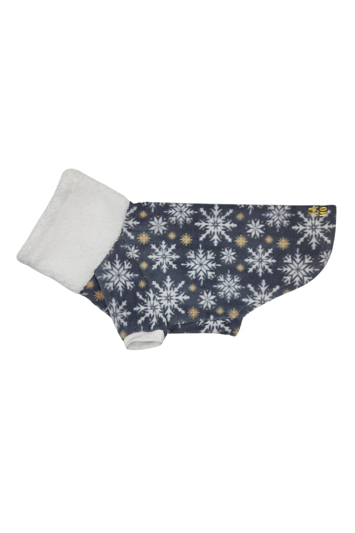 Twinkling gray and white snowflake fleece dog sweater with sherpa turtleneck, flat side view