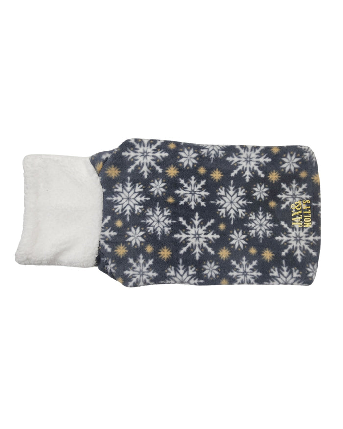 Twinkling gray and white snowflake fleece dog sweater with sherpa turtleneck, flat back view