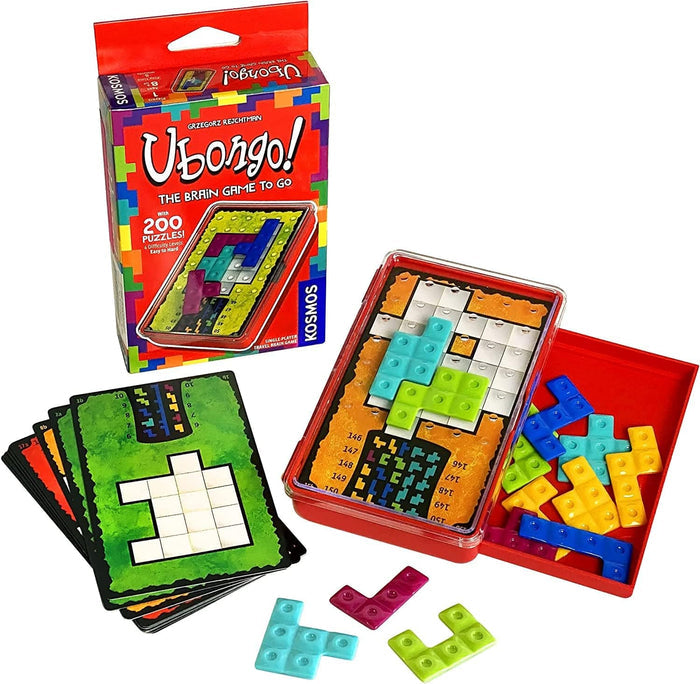 Ubongo! board game set with colorful tiles and packaging on a white background